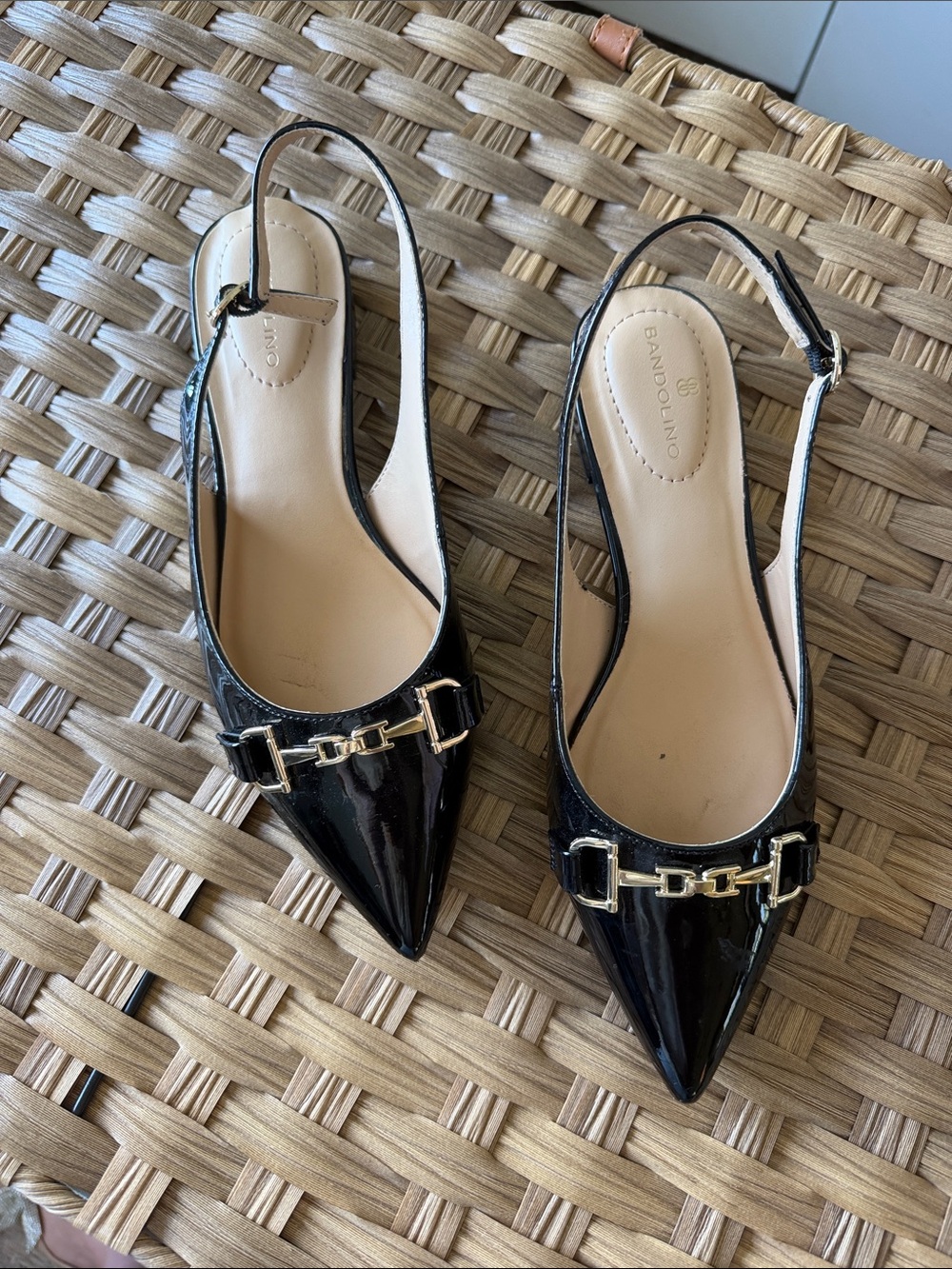 Bandolino Black Patent Pointed Toe Slingback Flats with Gold Buckle
